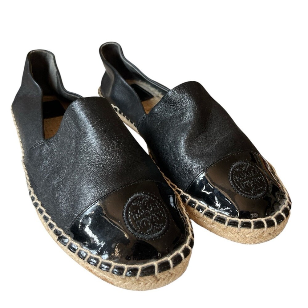 Tory Burch  Womens Black Leather Espadrille Flats Logo Cap Toe 61194 Size 9 READ